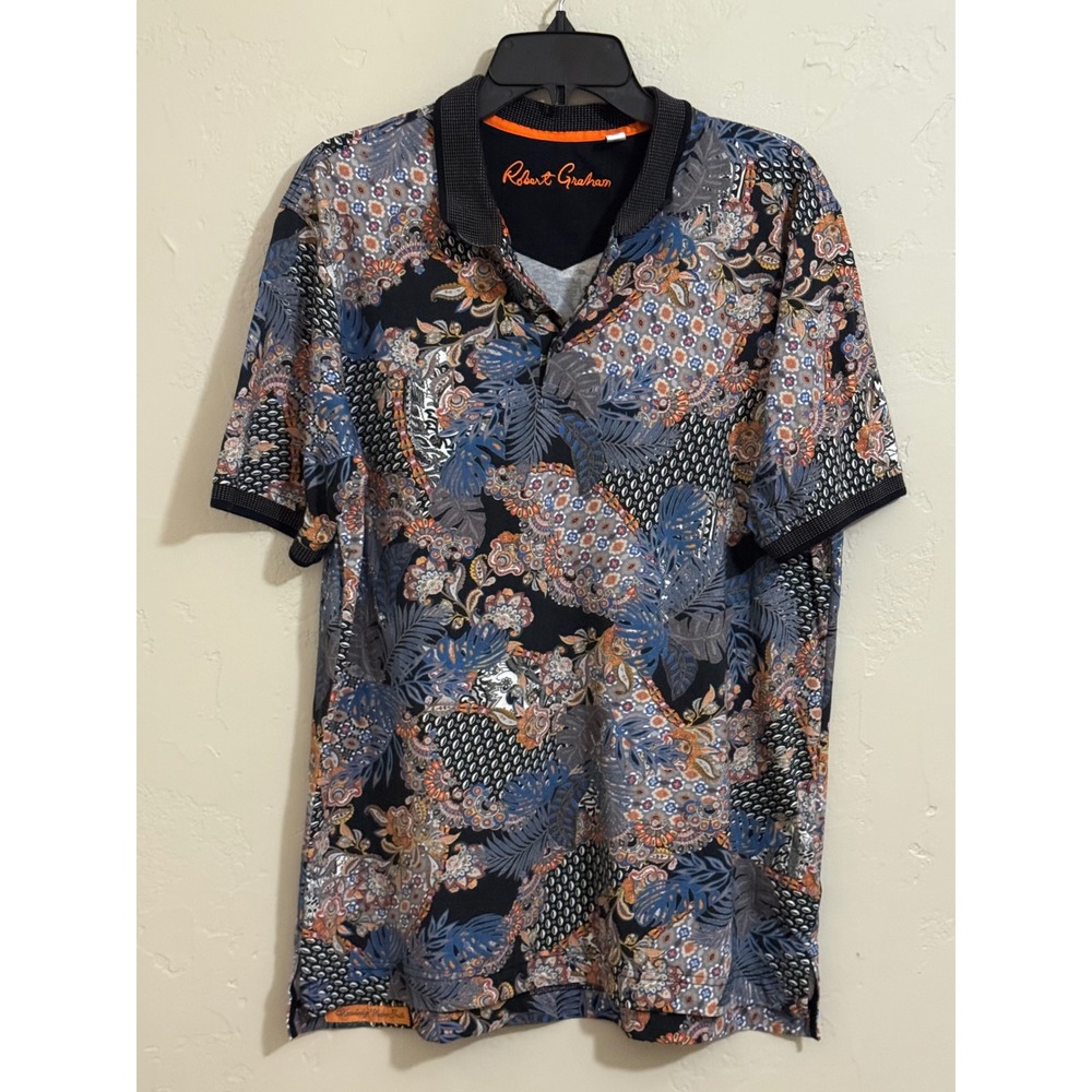 robert graham polo M black blue orange paisley floral tropical cotton mens